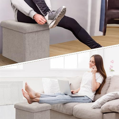Athena Collection 15" Storage Ottoman Bench Folding Bench with 40L Hidden Storage, Small Cube Ottoman Linen Foot Rest Stool Chest with Flipping Lid for Living Room, Bedroom, Entryway, Sandy Beige - color: Sandy Beige, style: 15" Linen