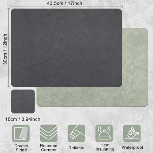 Vinyl Placemats Set of 4, Dual Sided Place Mats with Drink Coasters - color: Sage Green/Dark Gray Two-tone, size: Set of 4