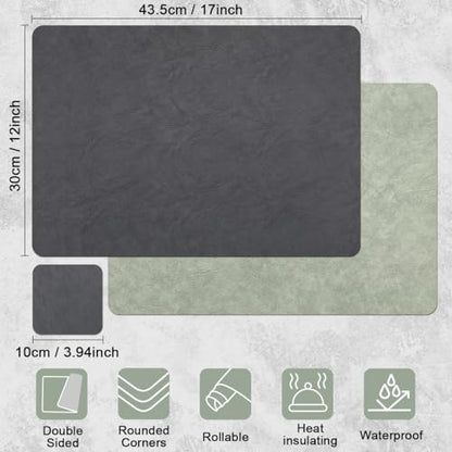 Vinyl Placemats Set of 4, Dual Sided Place Mats with Drink Coasters - color: Sage Green/Dark Gray Two-tone, size: Set of 4
