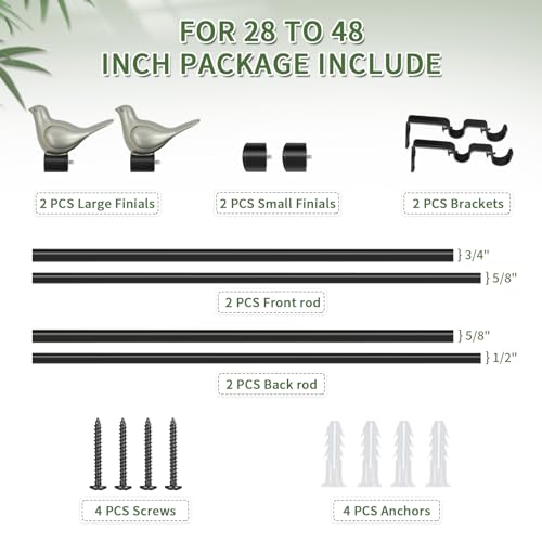 3/4" Diameter Farmhouse Double Window Treatment Curtain Rod, Pewter Bird Finials (28"-48", Black Rod) - color: Black with Pewter Finial, size: 28"-48"