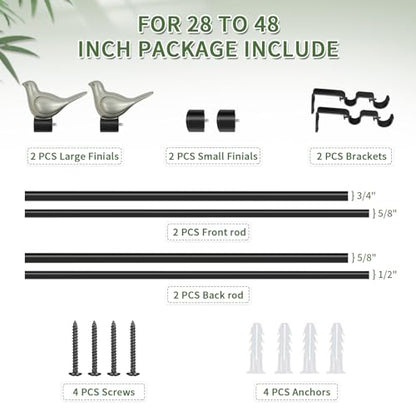 3/4" Diameter Farmhouse Double Window Treatment Curtain Rod, Pewter Bird Finials (28"-48", Black Rod) - color: Black with Pewter Finial, size: 28"-48"