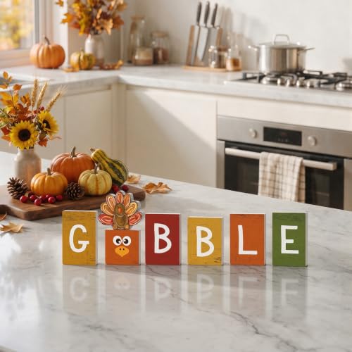 Smile 7 Pcs Thanksgiving Decor Indoor Wooden Sign, Turkey Gobble for Rustic Farmhouse Home, Thanksgiving Table Tiered Tray Kitchen Decorations. - style: Gobble