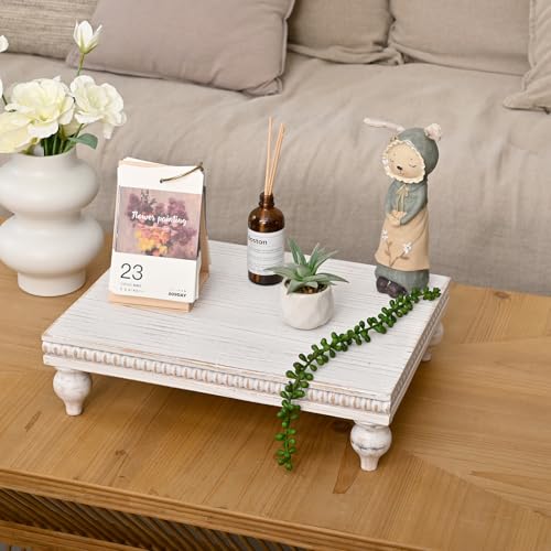 SwallowLiving Farmhouse Wood Riser for Display Decorative, Rustic Shabby Chic Tray for Kitchen Counter, Coffee Bar Table, Dining Room, Wooden Rectangle Beaded Pedestal Stand for Food, White - color: 1pcs - White