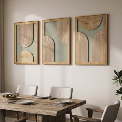 Framed 3D Wood Boho Abstract Textured Wall Decor Living Room, 24x36 Inch - color: Neutral Grey Green