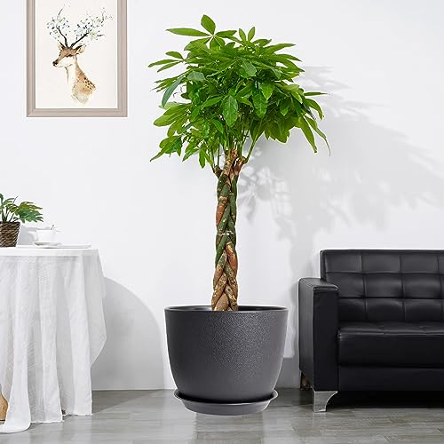UOUZ 12inch Large Plant Pot, Modern Plastic Planter with High Driange Holes and Saucer for Indoor Outdoor Garden Plants and Flowers, Black - color: Black