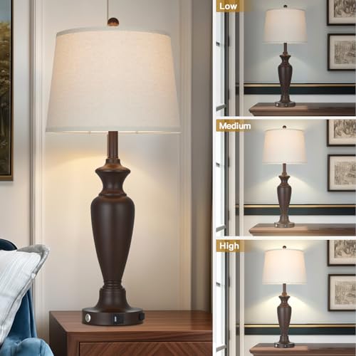 30" Tall Brown Table Lamp for Living Room, Touch Control Bedside Lamp for Bedroom Nightstand, 3-Way Dimmable Farmhouse Lamp with Charging Ports (1 Pack) - color: Brown - 30"H - 1 Pack