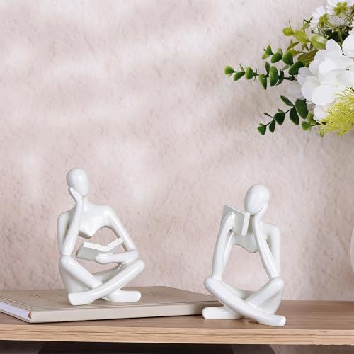 2-Piece White Resin Seated Reading Figurines with Books, Bookshelf Decor - color: White