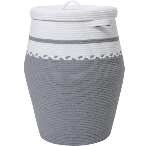 26"x20" Cottonphant Extra Large Tall Woven Laundry Basket with Lid, Cotton Rope Blanket Storage Basket, Freestanding Decorative Bin for Bedroom Living Room, White & Grey - color: White/Grey