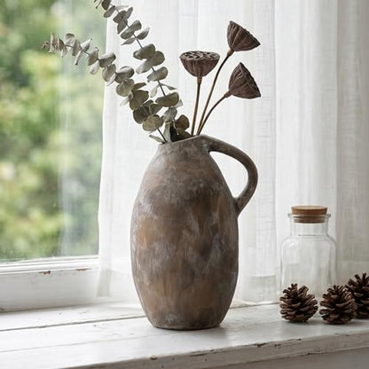 Rustic Ceramic Vase with Handle, 10.3 Inch, Farmhouse Decor, Brown - color: Brown