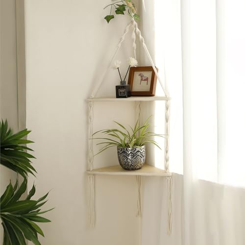 Artilady Corner Shelf Macrame Wall Hanging, Boho Wood Storage Wall Decor - color: Beige - 2 Tier