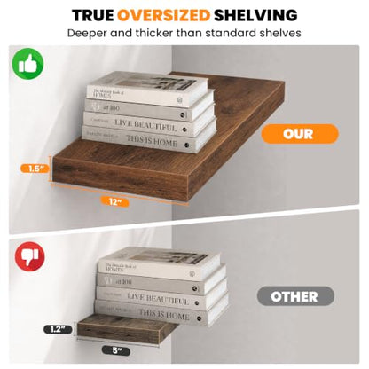 RICHER HOUSE 12" Deep Floating Shelves, 24 Inch Long Rustic Wood Wall Shelf - color: Brown, size: 24in