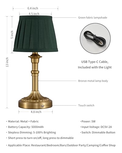 KDG Gold Cordless Table Lamps Set of 2, Green Fabric Shade Small Desk Lamp - color: Gold + Green Lampshde (2 Pack)
