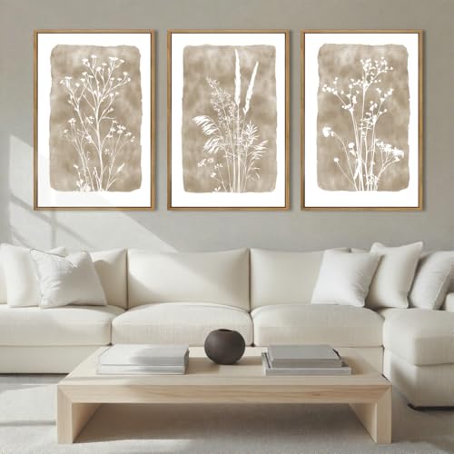 ANHUIB Beige Neutral Floral Canvas Wall Art 24x36 Inch Framed Brown Botanital Wall Decor Large Rustic Farmhouse Wildflower Artwork Boho Vintage Plant Art Prints Set of 3 for Living Room Bedroom Office - color: Beige Floral, size: 36"L x 24"W
