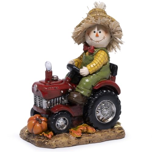 Hodao Thanksgiving Scarecrow Tractor Figurine, Fall Harvest Decor-Red - color: Red