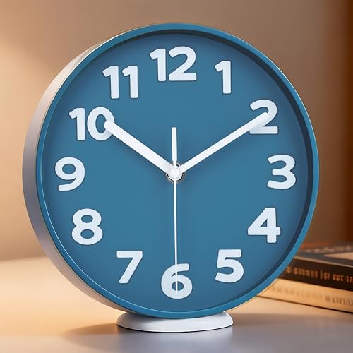 45MinST 8-Inch Blue Modern Wall Clock – Silent Non-Ticking, 3D Large Numbers, Accurate Timekeeping | Decorative Wall & Desk Clock with Stand for Living Room, Bedroom, Kitchen, or Office - color: 7.5''blue