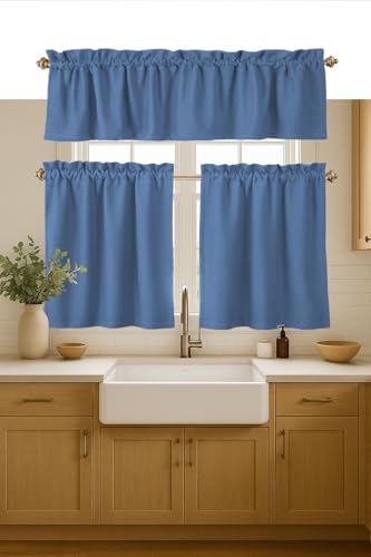 Native Fab 3 Piece Window Curtain Tiers 26"x36" and Valance 54"x18" Set - Rod Pocket - Semi Sheer - Short Curtain for Kitchen, Cafe, Living Room - Sky Blue - color: Sky Blue