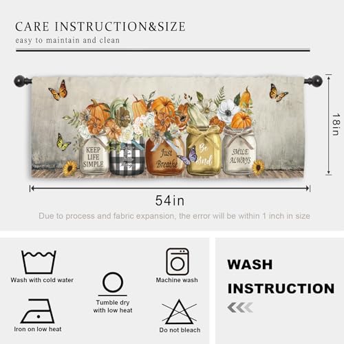 Miyotaa Autumn Fall Pumpkin Flower Kitchen Curtain Valance 54W x 18H Rod Pocket Farmhouse Rustic Harvest Checkered Country Plaid Positive Window Treatment for Living Room Bedroom Bathroom - color: Pumpkin Flower Butterfly, size: 54"W x 18"L (Pack of 1)