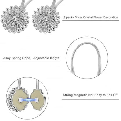 Magnetic Tiebacks for Curtain 2 Pack,Crystal Flower Holdback - color: Silver
