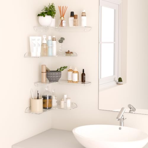Sezanrpt 8x11.8 Inch Clear Corner Shelf Wall Mount Set of 4, Acrylic Corner Floating Shelves, Wall Organizer Shelf for Bathroom, Kitchen, Bedroom, Living Room, Dining Room, Office - color: Clear, size: 8x11.8 Inch