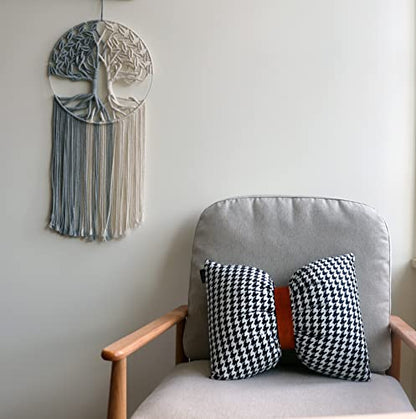 GUKALYLY Tree of Life Macrame Wall Hanging, Handmade Woven Boho Wall Art, Grey and White Round Macrame Wall Decor for Bedroom Nursery Apartment Dorm, Gift for Mom & Women, 13" W x 31.5" L