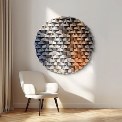 LIUZEYUE Round Wood Wall Art, Split-Tone Cube Mosaic, Modern Wood Accent - color: Blue+Beige+Coffee, size: Ø 23.6"