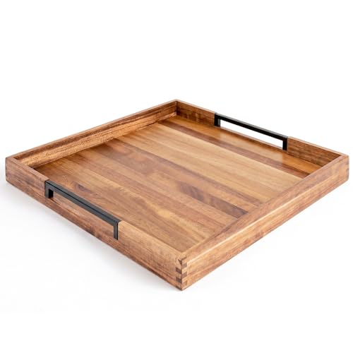22" x 22" Large Square Acacia Wood Ottoman Tray with Extended Metal Handles, Oversized Decorative Serving Tray for Coffee Table, Ottoman, Breakfast in Bed & Living Room Decor