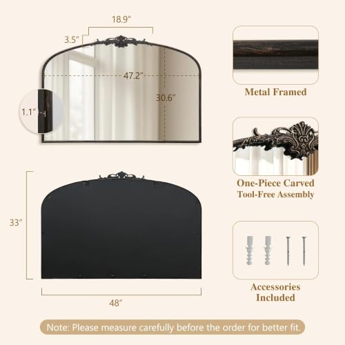Besdomus Vintage Arched Black Mirror: 48"x33" Oversized Decorative Mirrors - color: Black Gold, size: 33"L x 48"W