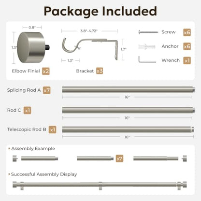 Zeerobee Curtain Rods for Windows 72 to 144 Inch, Brushed Nickel Curtain Rod - color: Brushed Nickel, size: 32"-144"