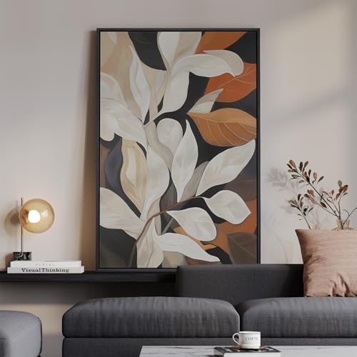 Framed Vertical Boho Abstract Botanical Wall Art for Living Room, 24x36 In - color: Neutral Brown Beige, size: 36"L x 24"W