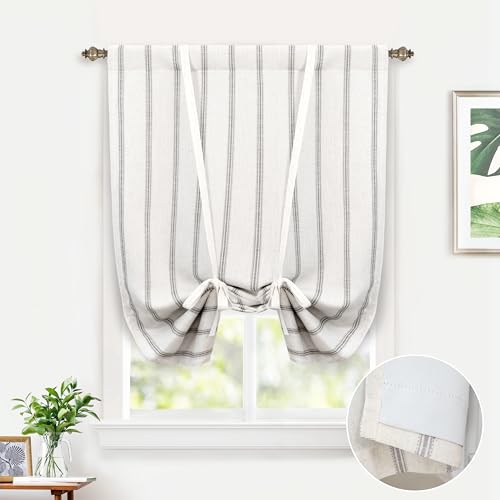 DriftAway Farmhouse Double Layer Linen Blackout Tie Up Curtains Thermal Insulated Vertical Striped Fully Lined Balloon Roman Shade Bathroom Window Adjustable Rod Pocket 31 Inch by 47 Inch Gray - color: Grey, size: 31"W x 47"L (Pack of 1)
