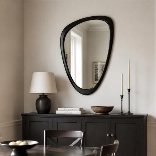 Solid Wood Asymmetrical Irregular Framed Wall Mirror, 20"x30" - color: Black, size: 30"L x 20"W