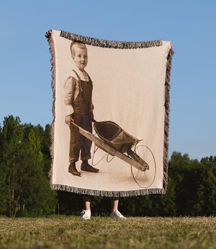 3dRose Vintage Cabinet Card Little Boy with Wheelbarrow Circa 1900 Woven Blanket