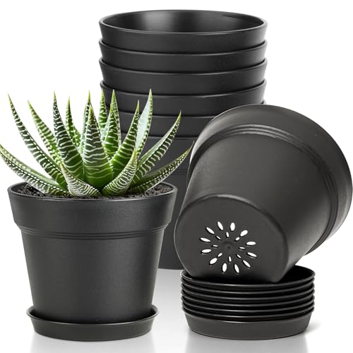 T4U Small Plant Pots 5 Inch 8 Pack, Plastic Indoor Flower Pots Saucer Black - color: Black, size: 5 inch