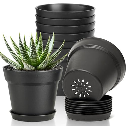 T4U Small Plant Pots 5 Inch 8 Pack, Plastic Indoor Flower Pots Saucer Black - color: Black, size: 5 inch
