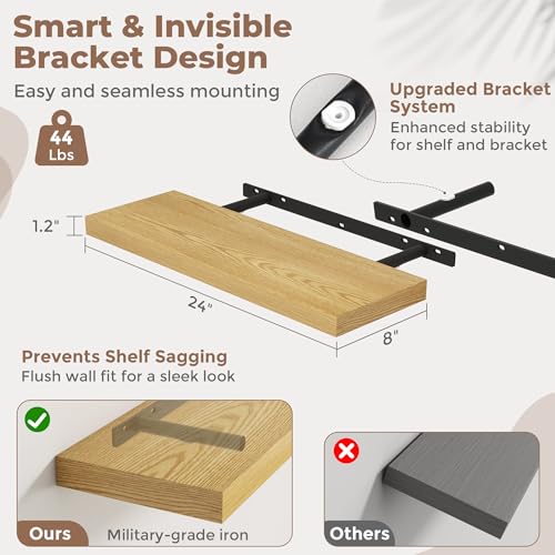 24 Inch Floating Shelves, 8"Deep Wall Shelf, 44 Lbs Capacity, Oak, 2pcs - color: Oak, size: 24"Wx8"Dx1.2"H