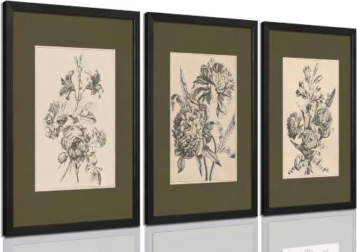 Vintage Floral Wall Art Set of 3, Sketch Sage Green Botanical Canvas Wall Decor Paintings Retro Minimalist Flower Artwork Posters Prints for Living Room Bedroom Bathroom Black Framed 12x16 In - color: Retro floral, size: 16x12