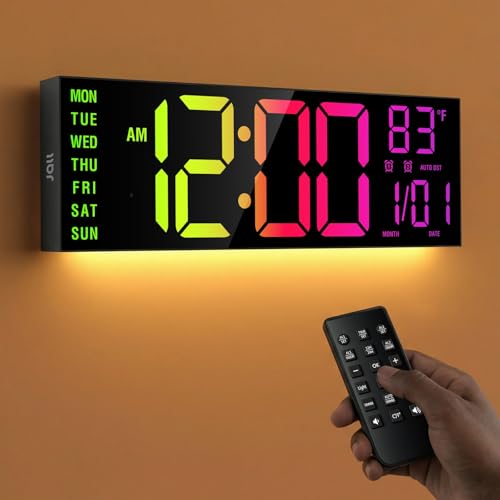 JALL 16" Large Digital Wall Clock with RGB Colors for Classroom, Wall Clock with Bluetooth for Time Set, Digital Clock with Temperature Timer Dual Alarm, Classroom Decor for Teacher Student, Black - color: Black, size: 16 inches