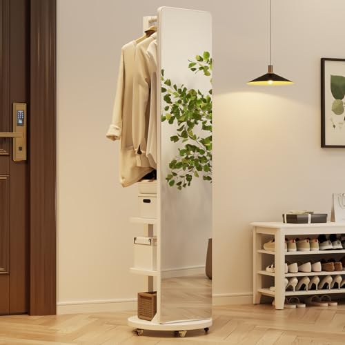 WoodsWhisper Full Length Mirror Coat Rack Solid Wood Floor Mirror 66"x12" Full Length Mirror with Stand Long Mirrors for Bedroom,Living Room (White-Mobile, 66" Lx12 W) - color: White-mobile, size: 66"Lx12"W