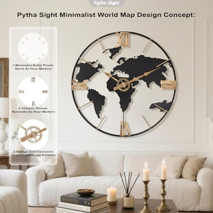 Pytha Sight 30 Inch Large Extra Giant Oversized Roman World Map Wall Clock - color: Black Roman, size: 30 inch