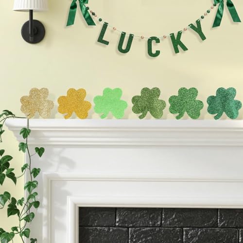 St Patricks Day Shamrocks Decorations, 6 Pack Wooden Glitter Shamrocks