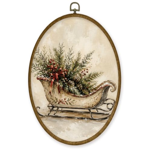 JMENGSSFL Vintage Sleigh Holiday Arrangement Oval Wall Art Decor 8.6x11.4 - color: Christmas-14