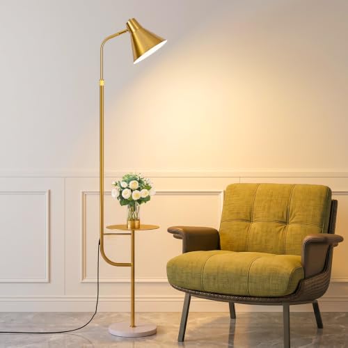 Gold Brass Brushed Floor Lamps with Side Table, Dimmable Light - color: Gold