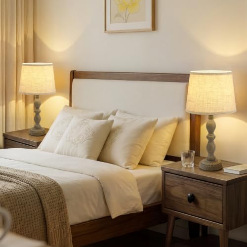 Table Lamps Set of 2, 20.5" Rustic Farmhouse Bedside Lamps with Linen Shade - color: Dark Brown