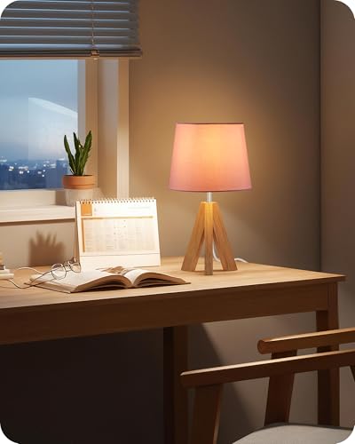 Pink Table Lamp, Small Tripod Table Lamp, Boho Bedside Lamp with Pink Linen Shade & Wood Base, Modern Nightstand Lamps, Little Cute Desk Lamp for Girls Room, Kids Room, Bedroom, P51TL05 - color: Pink+Natural Wood