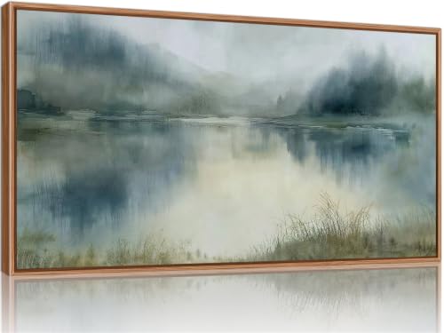 Tinonedraw Abstract Nature Framed Canvas Wall Art, Misty Forest Lake Wall Decor, Foggy Mountain Pictures Artwork, Horizontal Sage Green Landscape Art Printing for Living Room Bedroom Office 20"x40" - color: Abstract Nature, size: 40"L x 20"W