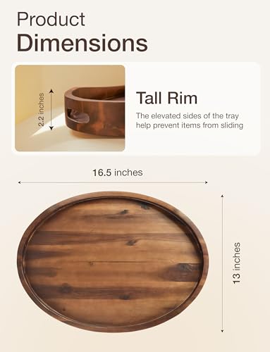 TIDITA Acacia Oval Wooden Serving Tray with Handle, 16.5"x13", Walnut Color - color: Walnut, size: 16.5" x 13" x 2.2"