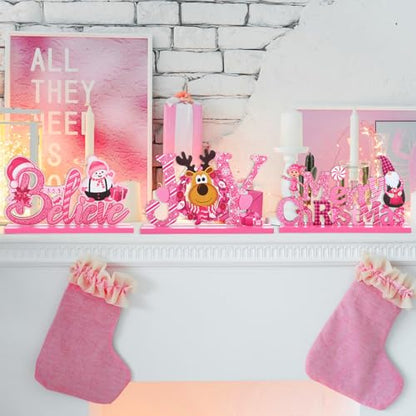 Blulu 3 Pcs Pink Christmas Wooden Signs Tabletop Farmhouse Centerpieces - color: Pink