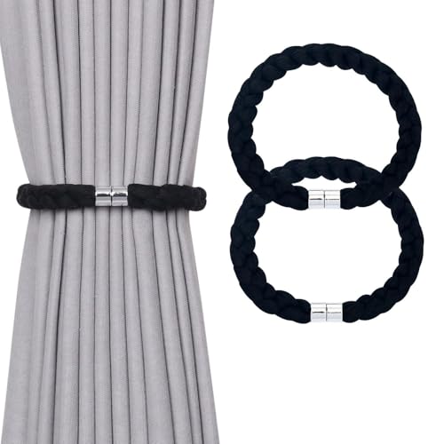 NICEEC 2 Pack Natural Cotton Rope Magnetic Curtain Tiebacks Elegant Twisted Braid Style Drape Tie Backs Soft Hand-Woven Rope Curtain Holdbacks for Home & Office Window Draperies (Black-01) - color: Black-01, size: 2 Pack
