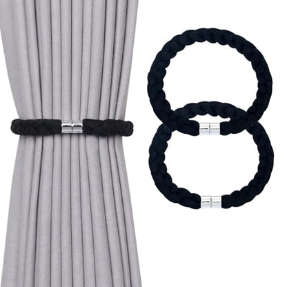 NICEEC 2 Pack Natural Cotton Rope Magnetic Curtain Tiebacks Elegant Twisted Braid Style Drape Tie Backs Soft Hand-Woven Rope Curtain Holdbacks for Home & Office Window Draperies (Black-01) - color: Black-01, size: 2 Pack