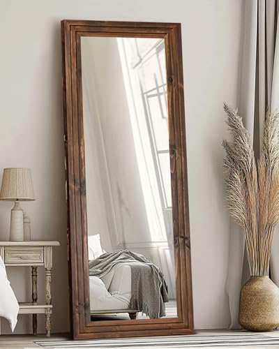 65x24in Full Length Mirror, 3-Tier Stepped Solid Wood Frame, Brown - color: Brown, size: 65"L x 24"W